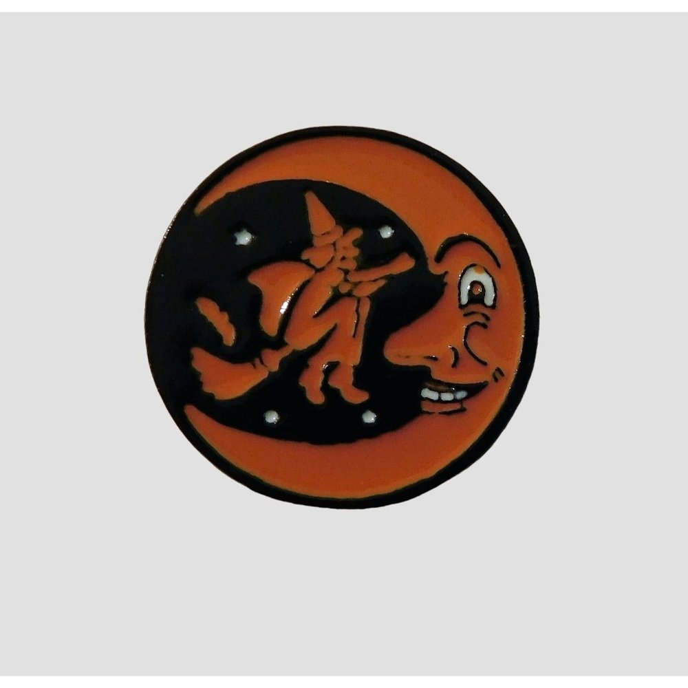Halloween Pin Witch on Broom Moon Tie Tac Lapel Hat Metal 1 in Round